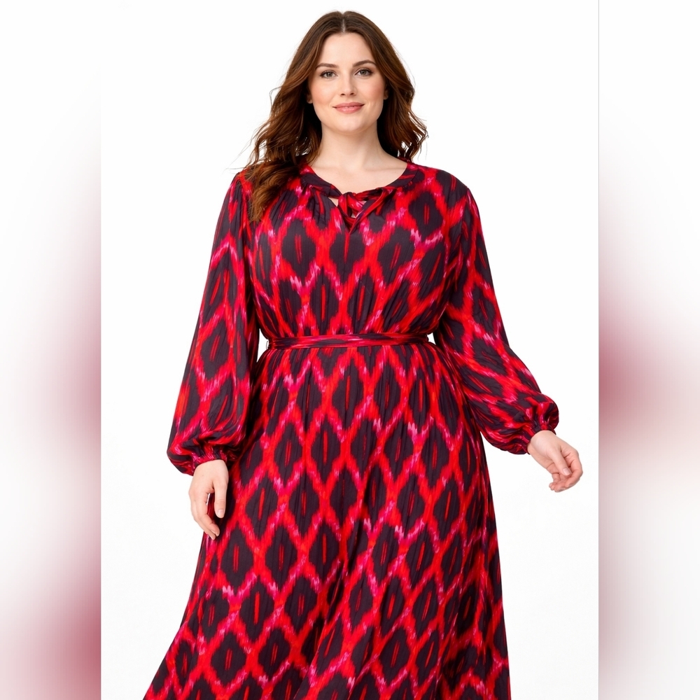 Scoop Plus Size 16/18 Red Black Ikat Midi Dress Belted Boho Long Sleeve